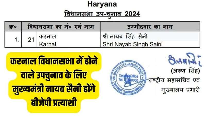 Haryana News: Chief Minister Nayab Saini will be BJP candidate for the by-election in Karnal Assembly.