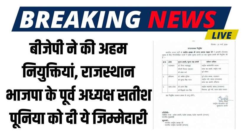 Haryana News: बीजेपी ने की अहम नियुक्तियां, राजस्थान भाजपा के पूर्व अध्यक्ष सतीश पूनिया को दी ये जिम्मेदारी